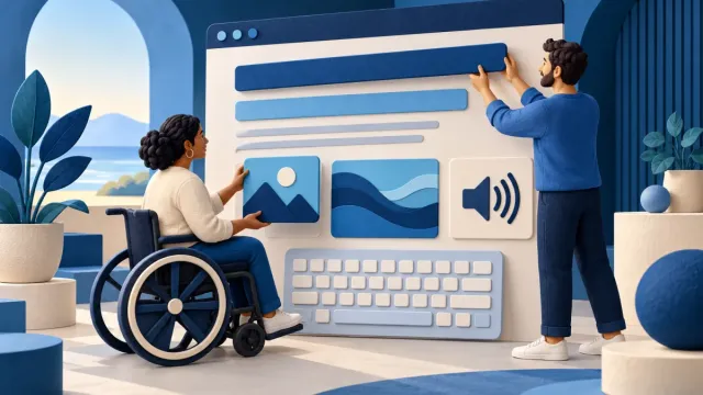 Two editors arranging accessible page content with keyboard and audio controls