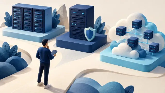 An architect comparing shared servers, a dedicated server, and cloud infrastructure