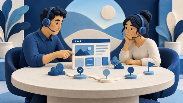 Support specialists reviewing a website model and a shared roadmap