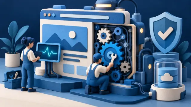 Engineers maintaining a website with monitoring, security, and backup tools