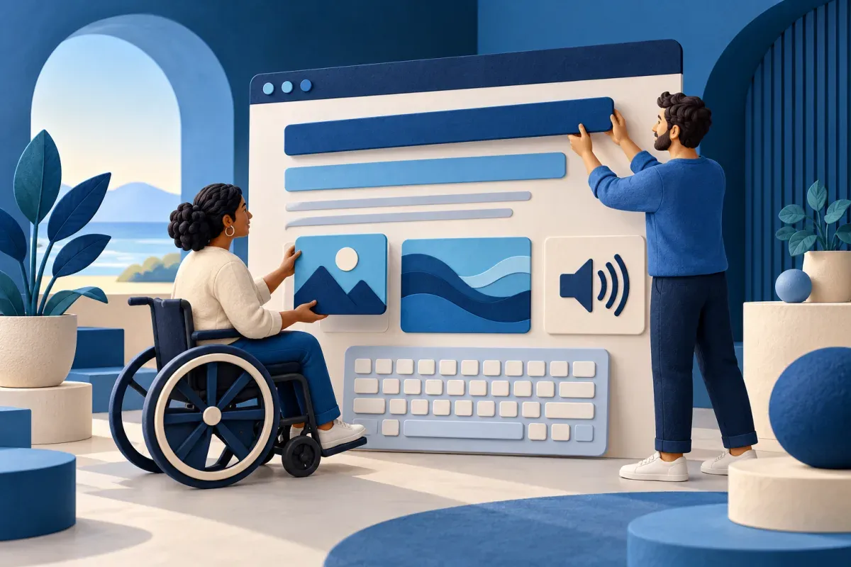 Two editors arranging accessible page content with keyboard and audio controls