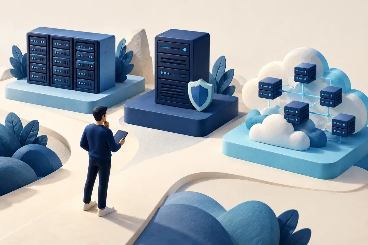 An architect comparing shared servers, a dedicated server, and cloud infrastructure