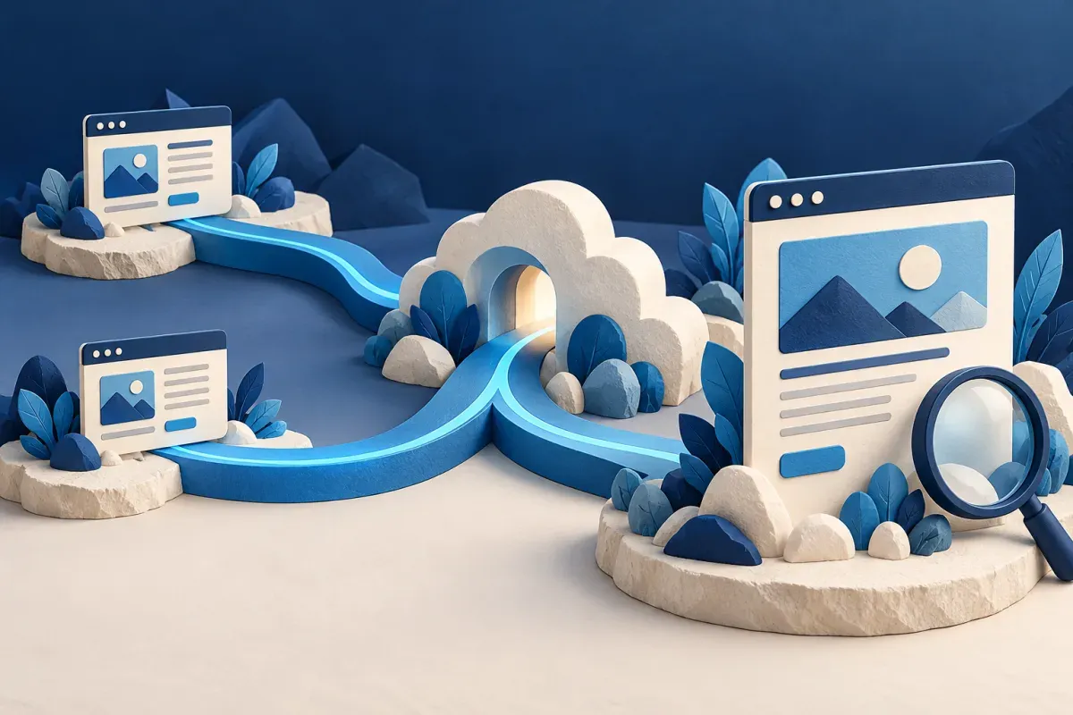 Two paths from duplicate web pages converge through a cloud gateway toward one page