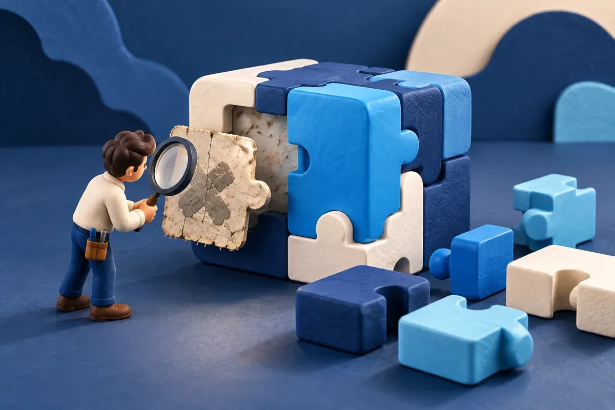An engineer examines an old patch beside interlocking software dependency blocks