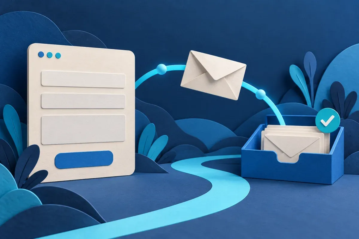 An envelope travelling from a website form into a receiving inbox
