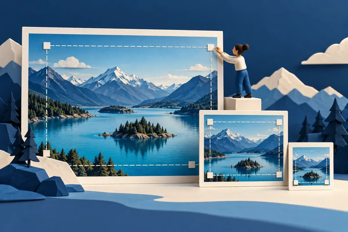 Landscape artwork transformed into three website image sizes