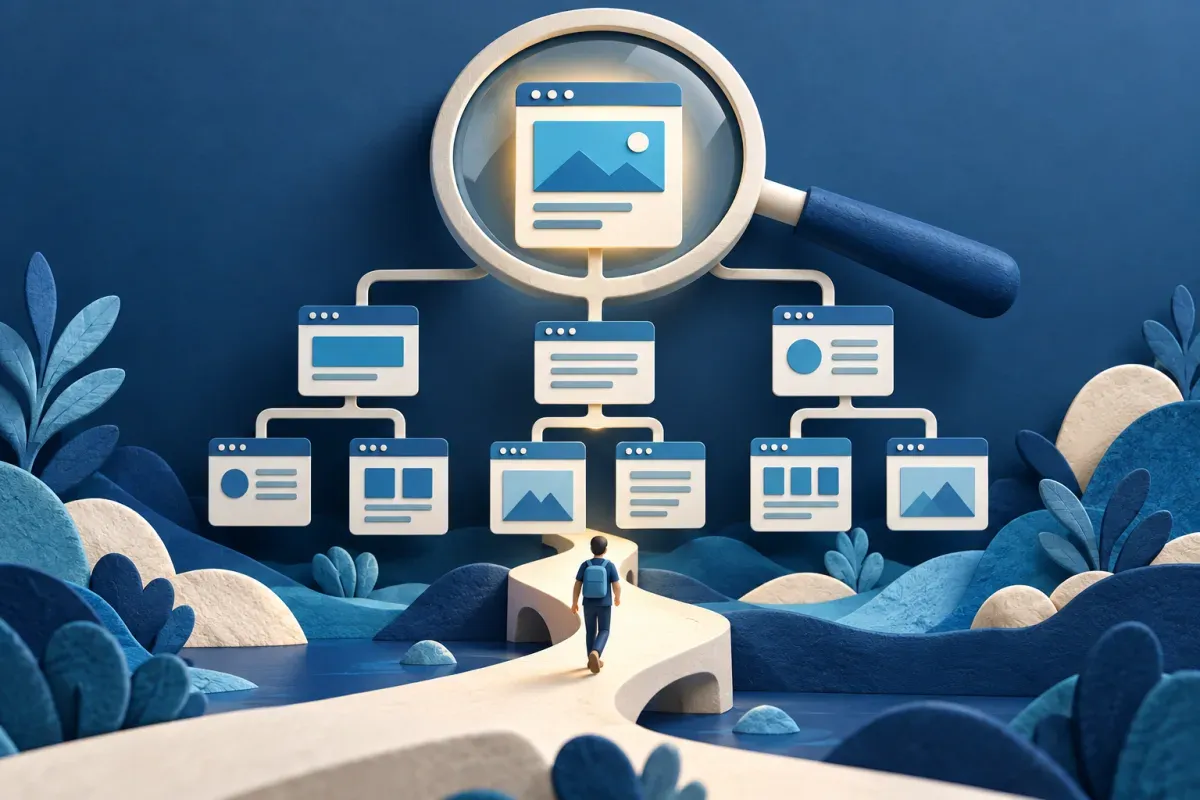 Magnifying glass over a branching sitemap with one page highlighted