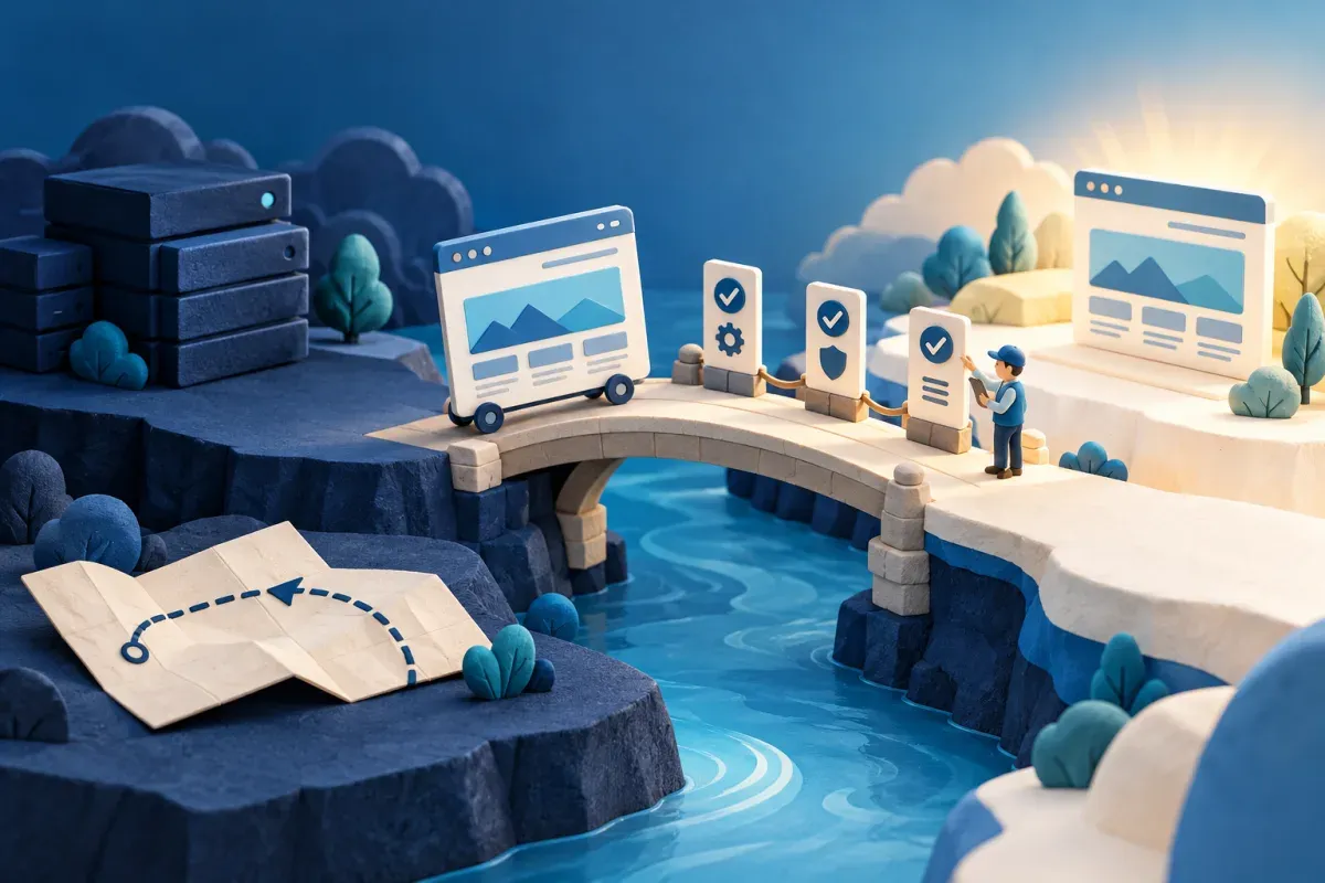 A website crosses a bridge from staging to production past release checklist gates