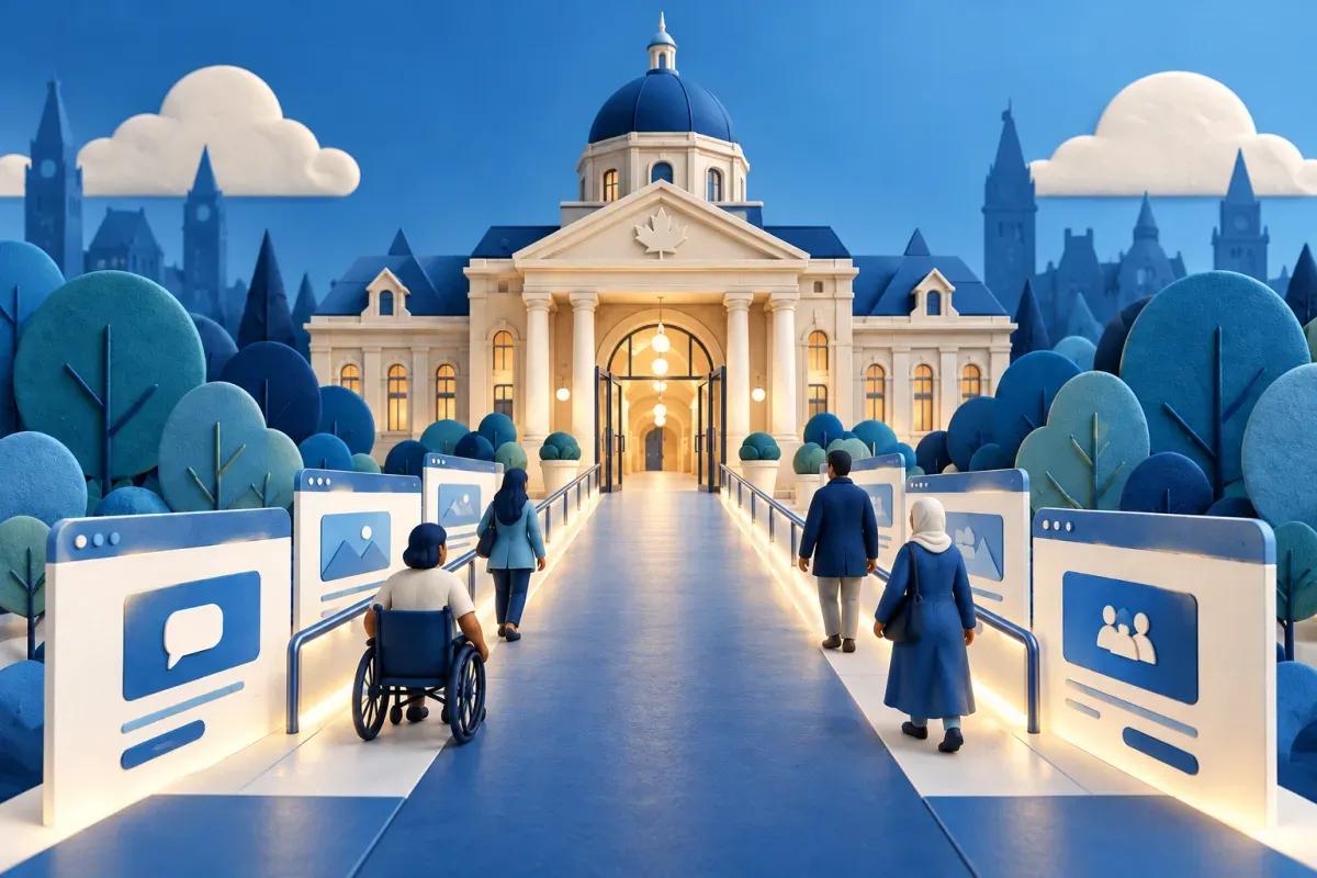 Illustrated civic building with an accessible ramp, visitors, and paired web page panels
