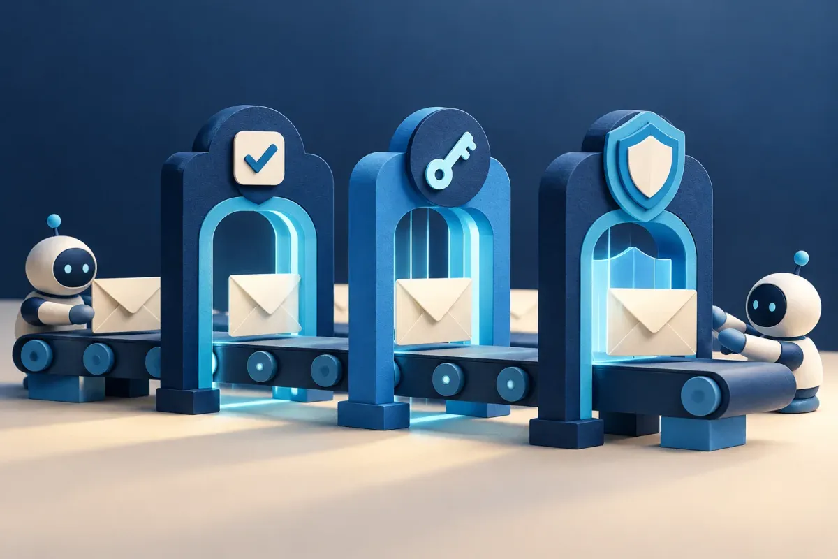 Mail envelopes travel through sender verification, signing-key, and policy-shield gates