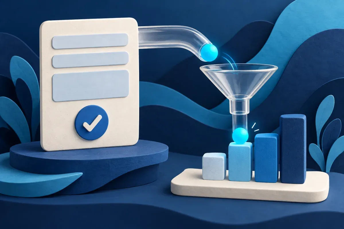 A checked contact form passes a bright bead through a funnel toward an analytics chart