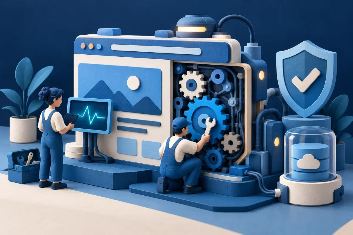 Engineers maintaining a website with monitoring, security, and backup tools